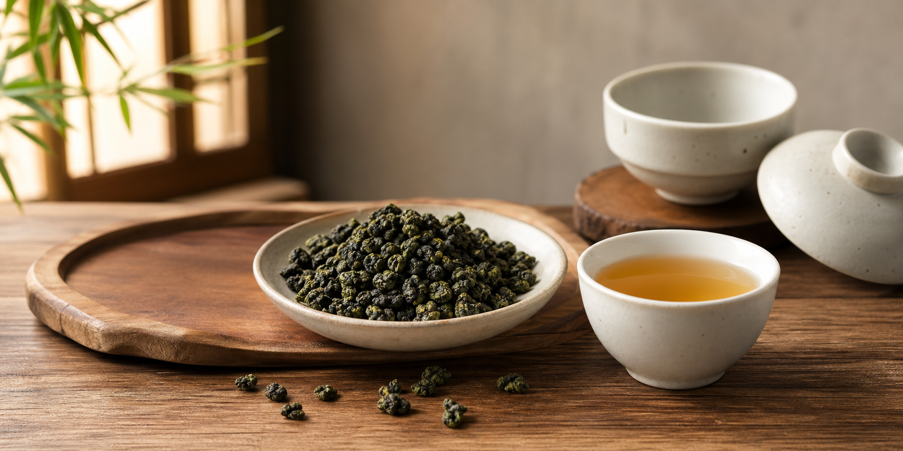 茶葉、茶杯與木質桌面的產品照片